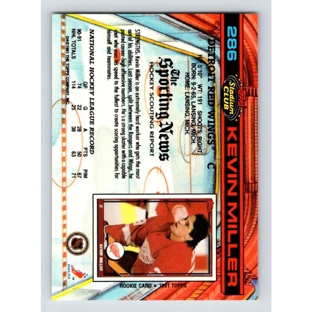 1991-92 Topps Stadium Club #286 Kevin Miller NM-MT Detroit Red Wings Hockey Card Image 2