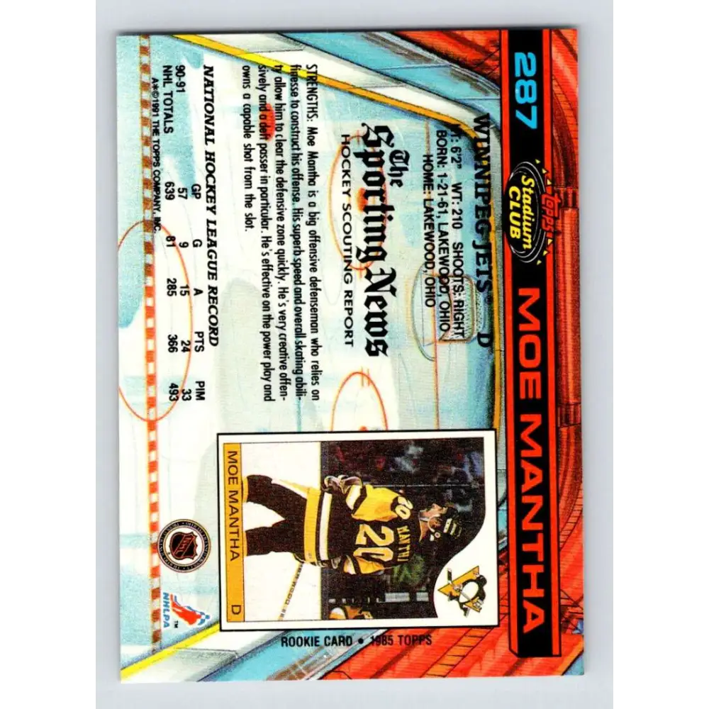 1991-92 Topps Stadium Club #287 Moe Mantha NM-MT Winnipeg Jets Hockey Card Image 2