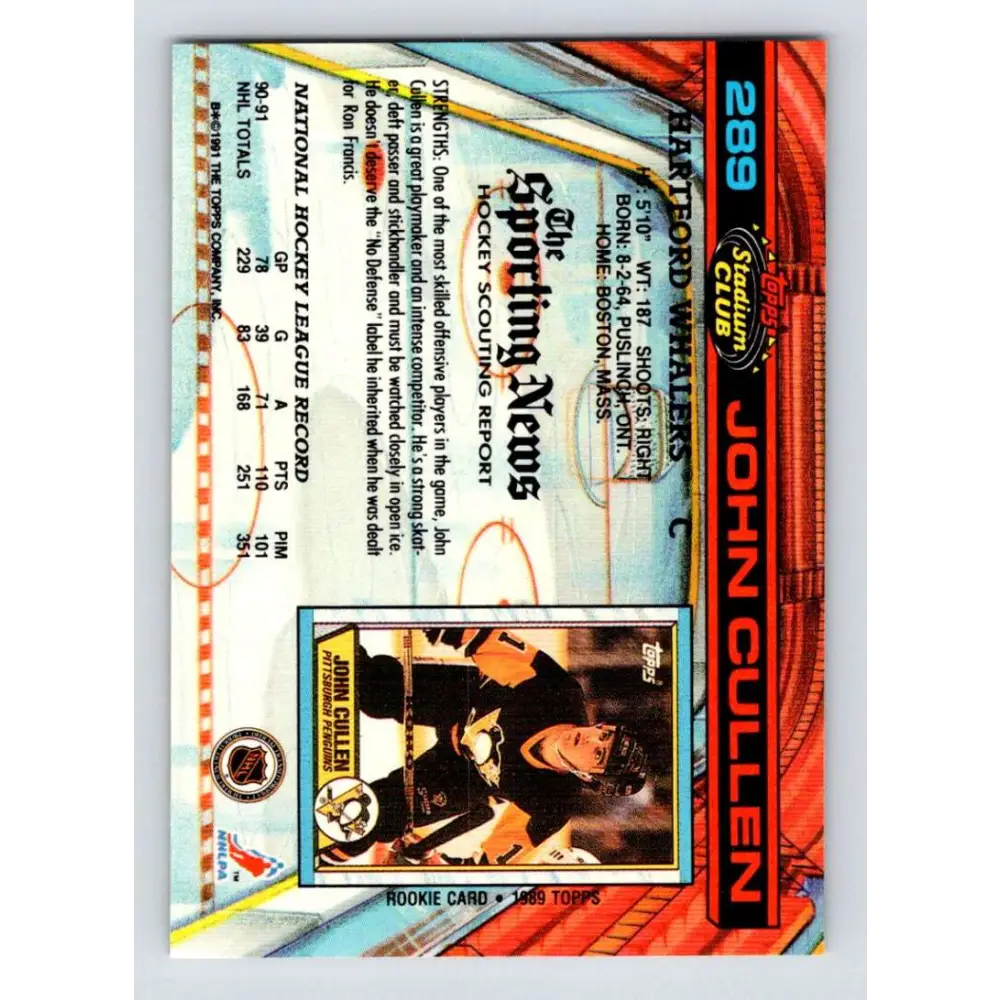 1991-92 Topps Stadium Club #289 John Cullen NM-MT Hartford Whalers Hockey Card Image 2