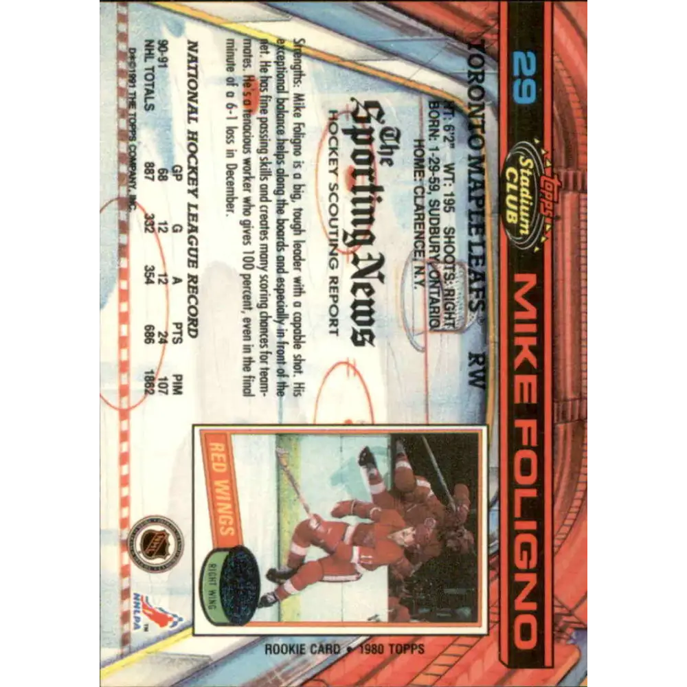 1991-92 Topps Stadium Club #29 Mike Foligno NM-MT Toronto Maple Leafs Hockey Card Image 2