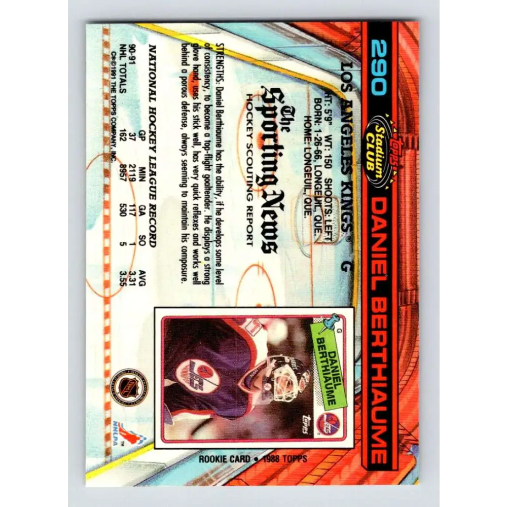 1991-92 Topps Stadium Club #290 Daniel Berthiaume NM-MT Los Angeles Kings Hockey Card Image 2