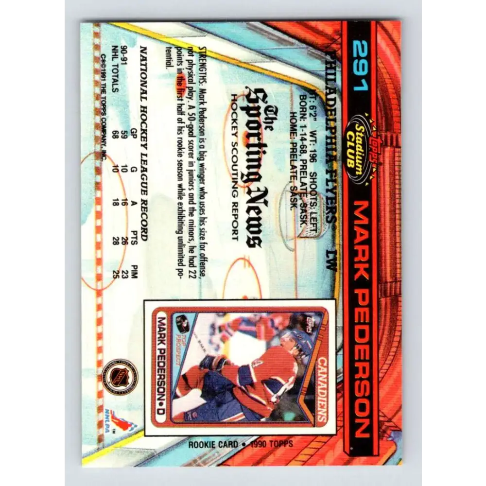 1991-92 Topps Stadium Club #291 Mark Pederson NM-MT Philadelphia Flyers Hockey Card Image 2