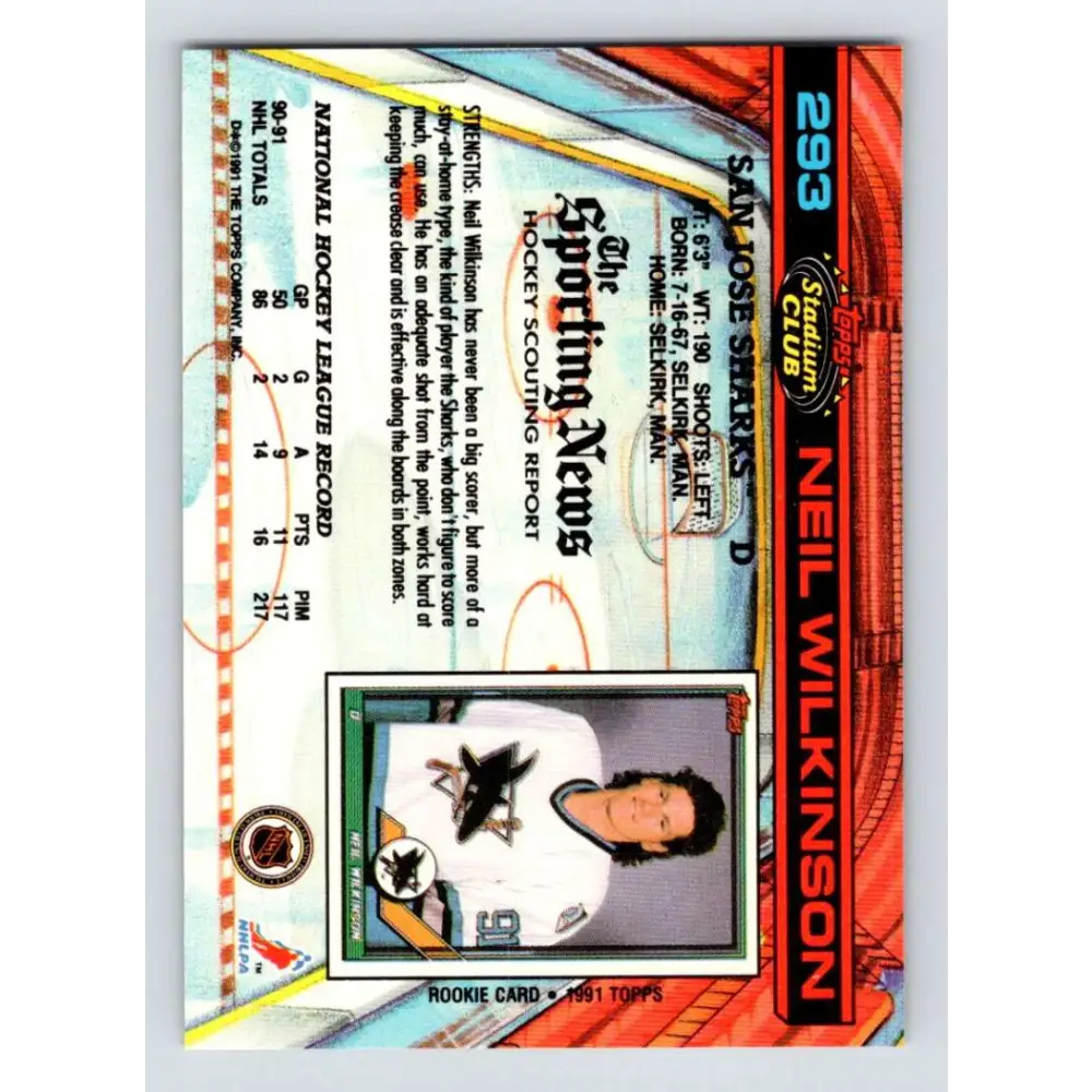 1991-92 Topps Stadium Club #293 Neil Wilkinson NM-MT San Jose Sharks Hockey Card Image 2