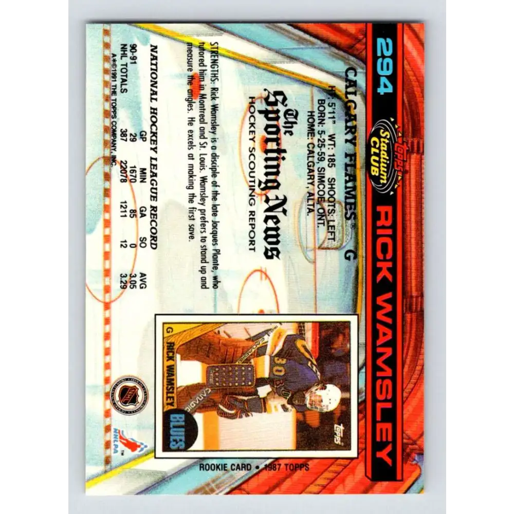 1991-92 Topps Stadium Club #294 Rick Wamsley NM-MT Calgary Flames Hockey Card Image 2