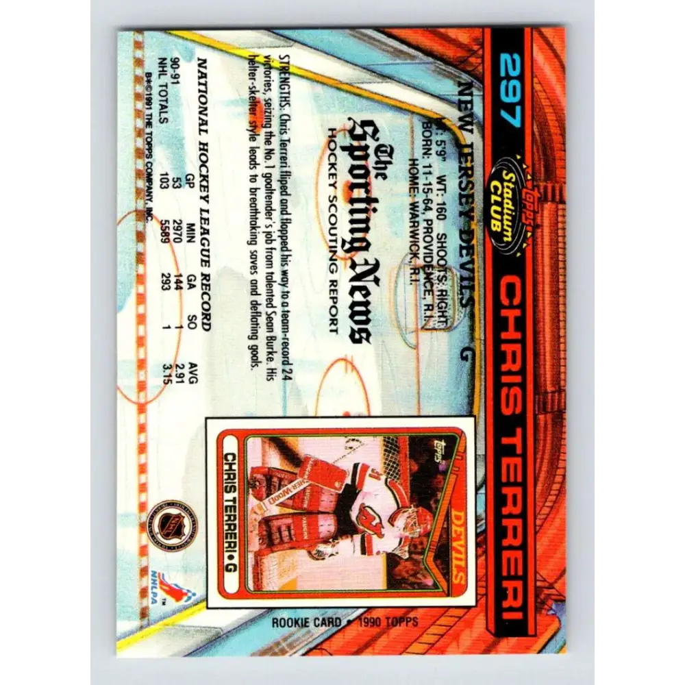1991-92 Topps Stadium Club #297 Chris Terreri NM-MT New Jersey Devils Hockey Card Image 2