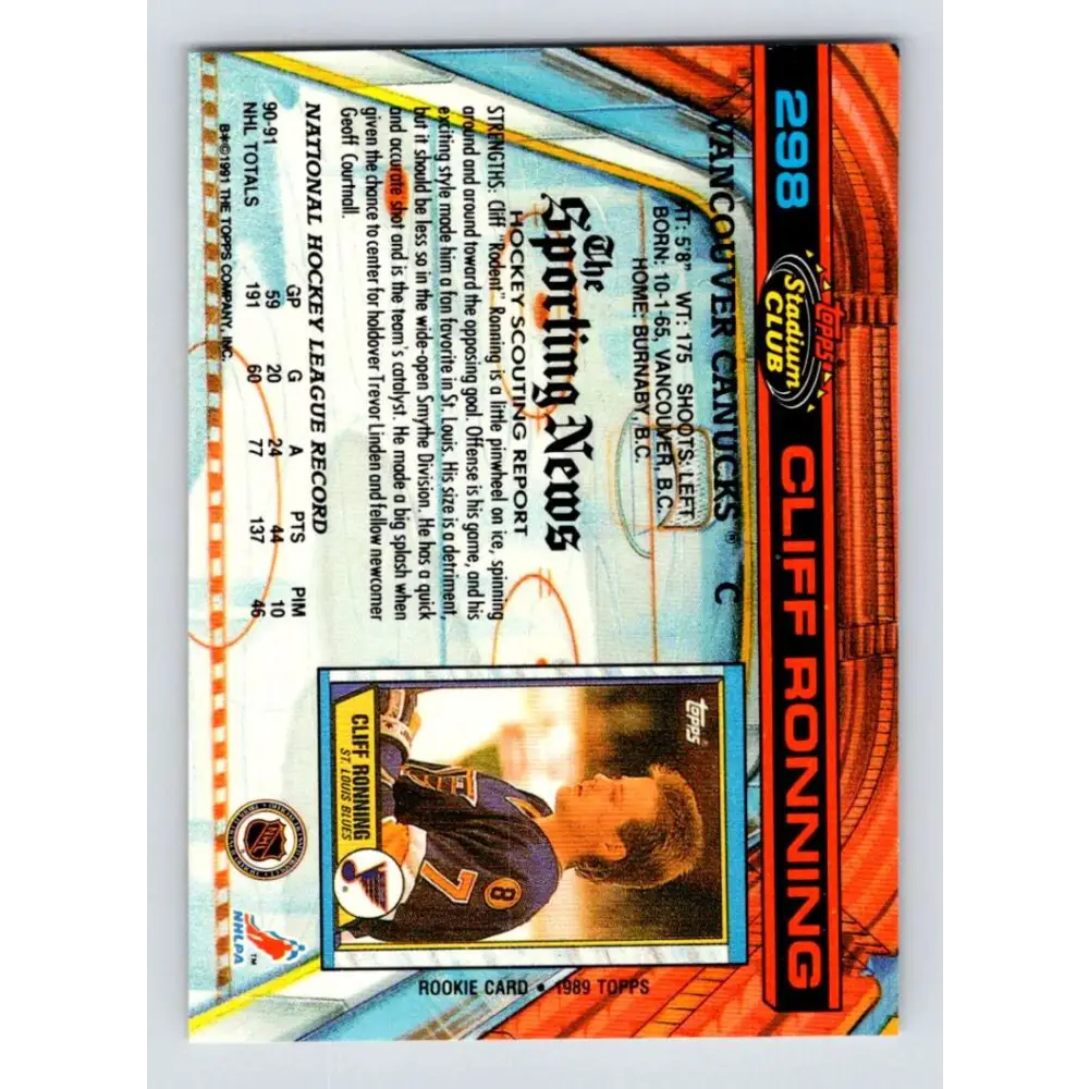 1991-92 Topps Stadium Club #298 Cliff Ronning NM-MT Vancouver Canucks Hockey Card Image 2