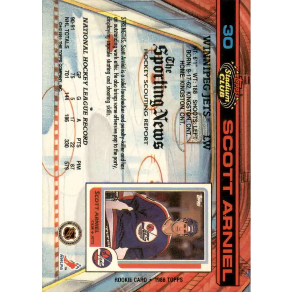 1991-92 Topps Stadium Club #30 Scott Arniel NM-MT Winnipeg Jets Hockey Card Image 2