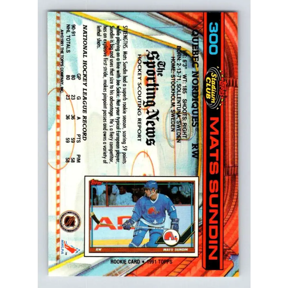 1991-92 Topps Stadium Club #300 Mats Sundin NM-MT Quebec Nordiques Hockey Card Image 2