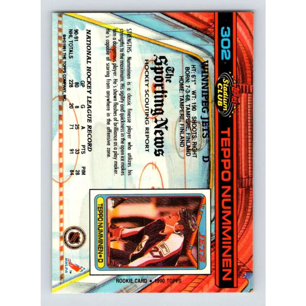 1991-92 Topps Stadium Club #302 Teppo Numminen NM-MT Winnipeg Jets Hockey Card Image 2