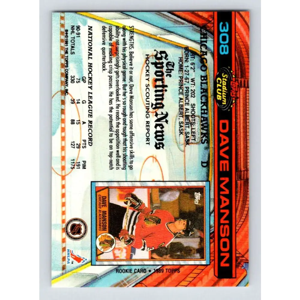 1991-92 Topps Stadium Club #308 Dave Manson NM-MT Chicago Blackhawks Hockey Card Image 2