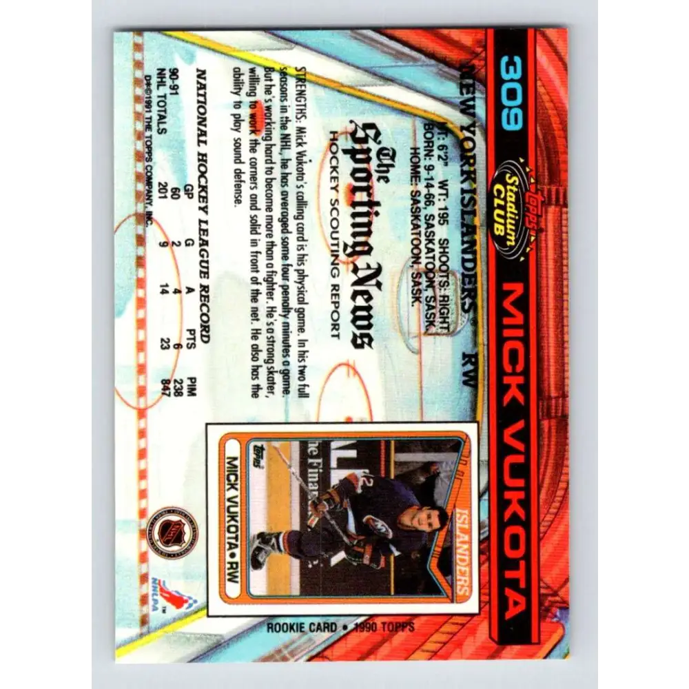 1991-92 Topps Stadium Club #309 Mick Vukota NM-MT New York Islanders Hockey Card Image 2