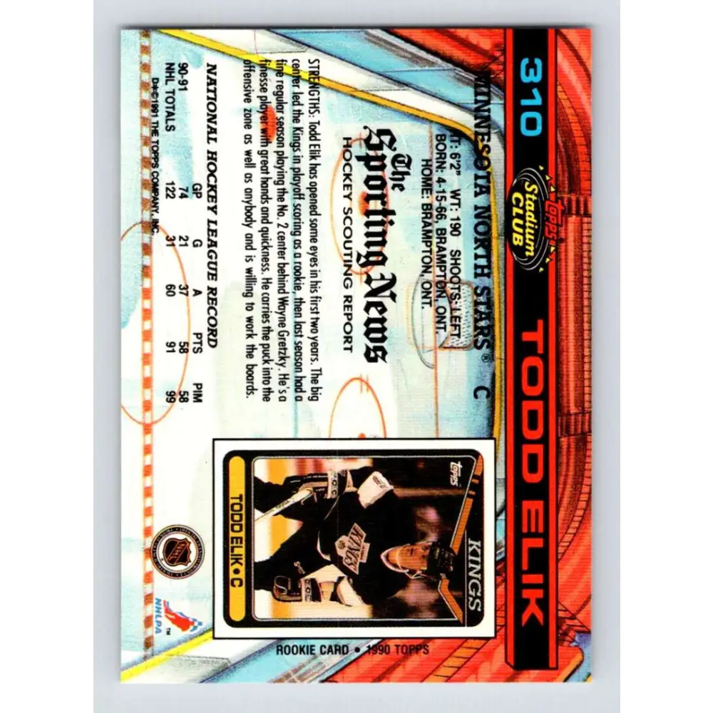 1991-92 Topps Stadium Club #310 Todd Elik NM-MT Minnesota North Stars Hockey Card Image 2