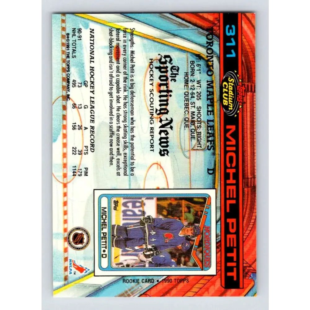 1991-92 Topps Stadium Club #311 Michel Petit NM-MT Toronto Maple Leafs Hockey Card Image 2