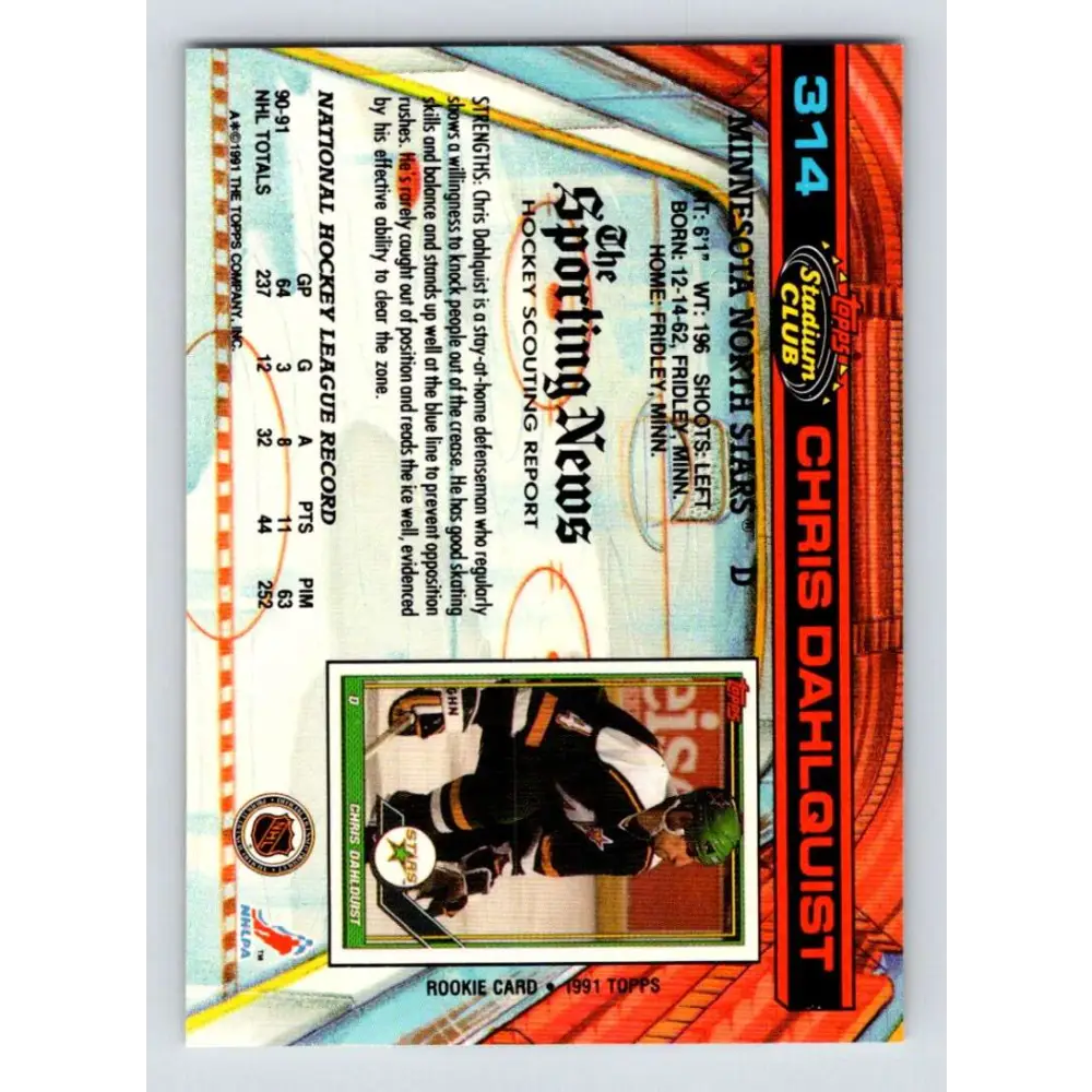 1991-92 Topps Stadium Club #314 Chris Dahlquist NM-MT Minnesota North Stars Hockey Card Image 2