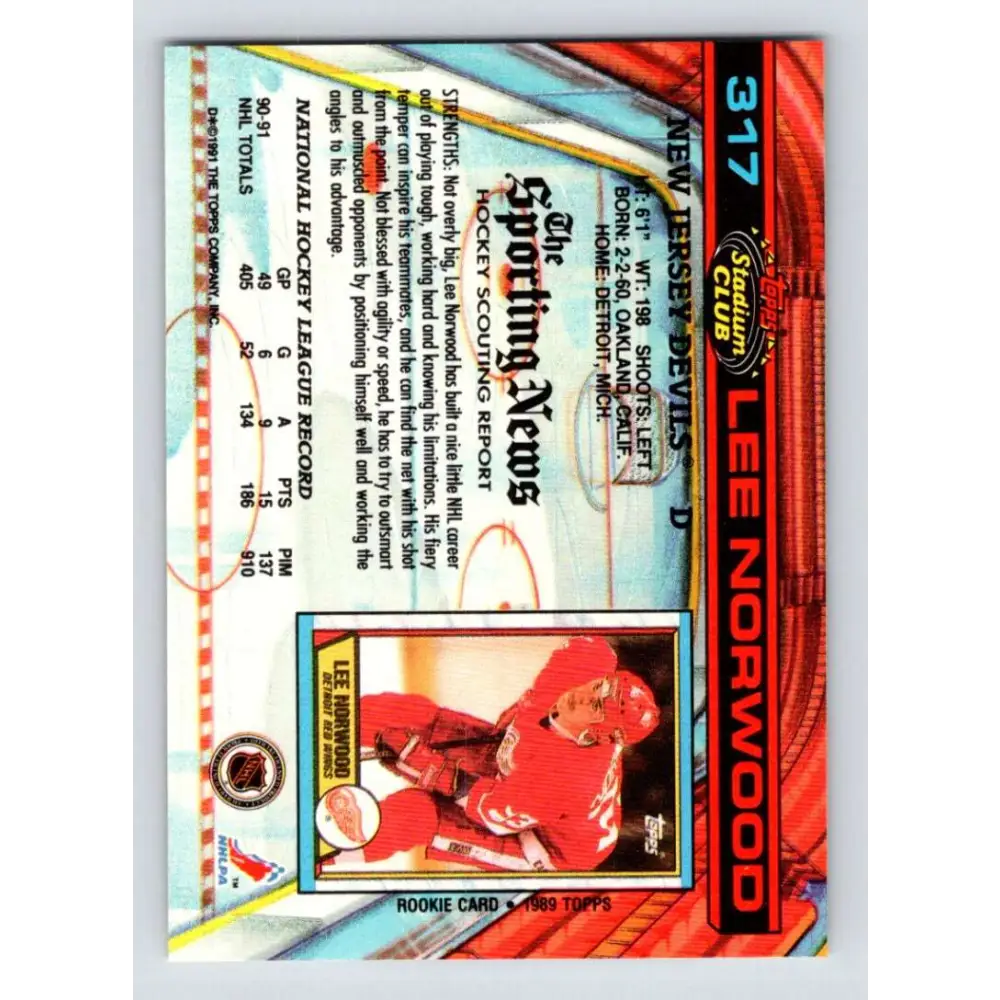 1991-92 Topps Stadium Club #317 Lee Norwood NM-MT New Jersey Devils Hockey Card Image 2