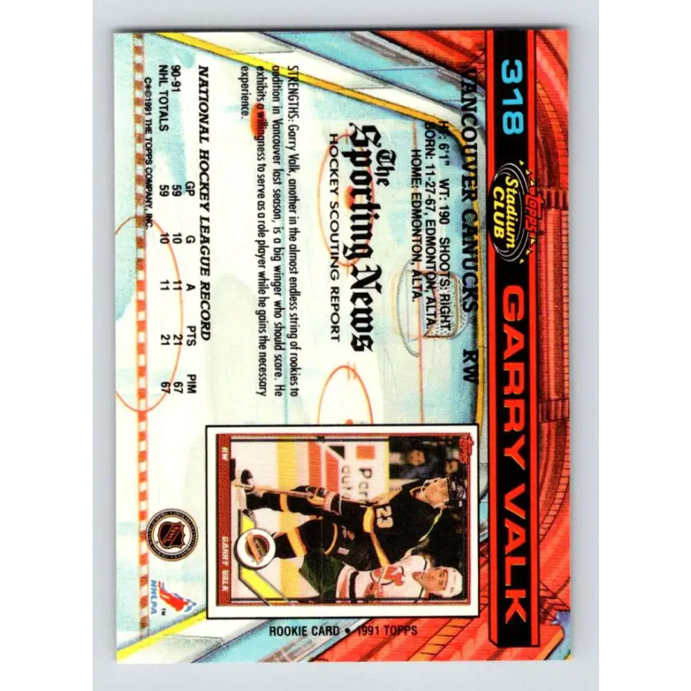 1991-92 Topps Stadium Club #318 Garry Valk NM-MT Vancouver Canucks Hockey Card Image 2