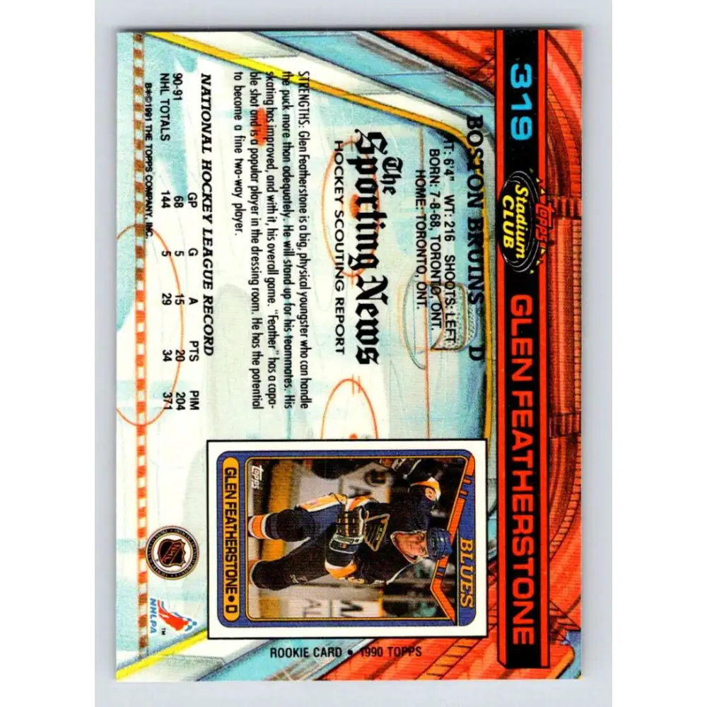 1991-92 Topps Stadium Club #319 Glen Featherstone NM-MT Boston Bruins Hockey Card Image 2