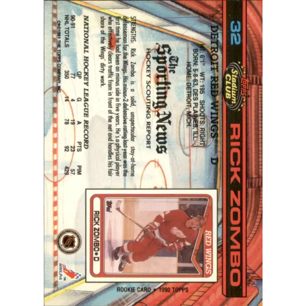 1991-92 Topps Stadium Club #32 Rick Zombo NM-MT Detroit Red Wings Hockey Card Image 2
