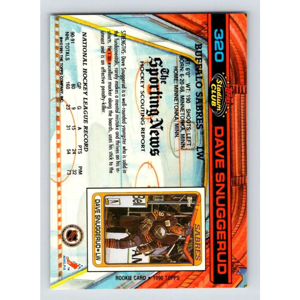 1991-92 Topps Stadium Club #320 Dave Snuggerud NM-MT Buffalo Sabres Hockey Card Image 2