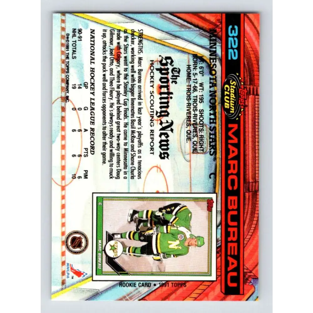 1991-92 Topps Stadium Club #322 Marc Bureau NM-MT Minnesota North Stars Hockey Card Image 2