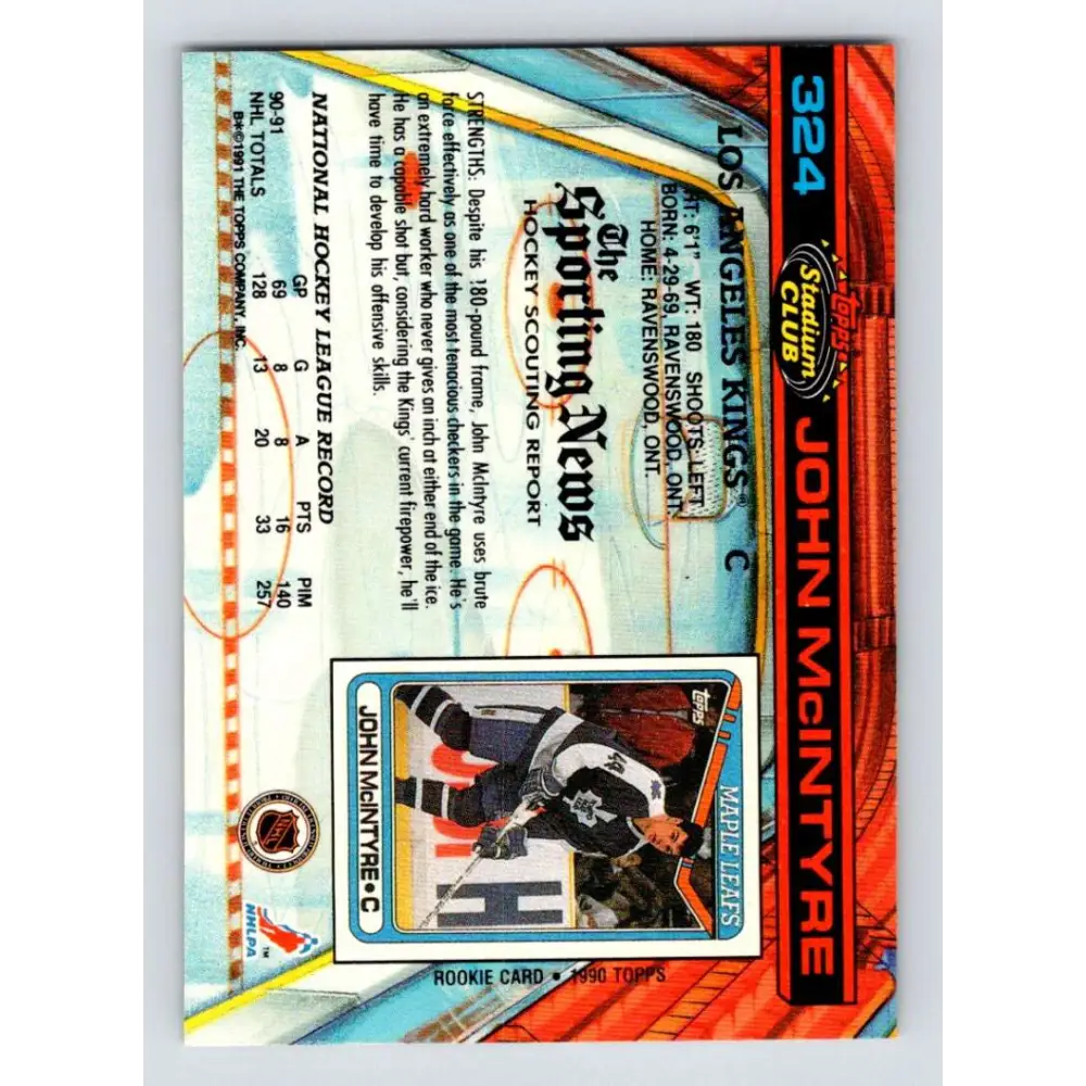 1991-92 Topps Stadium Club #324 John McIntyre NM-MT Los Angeles Kings Hockey Card Image 2