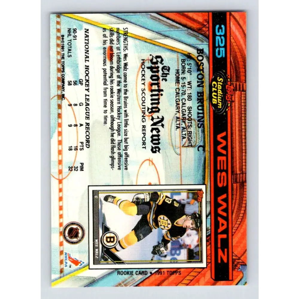 1991-92 Topps Stadium Club #325 Wes Walz NM-MT Boston Bruins Hockey Card Image 2