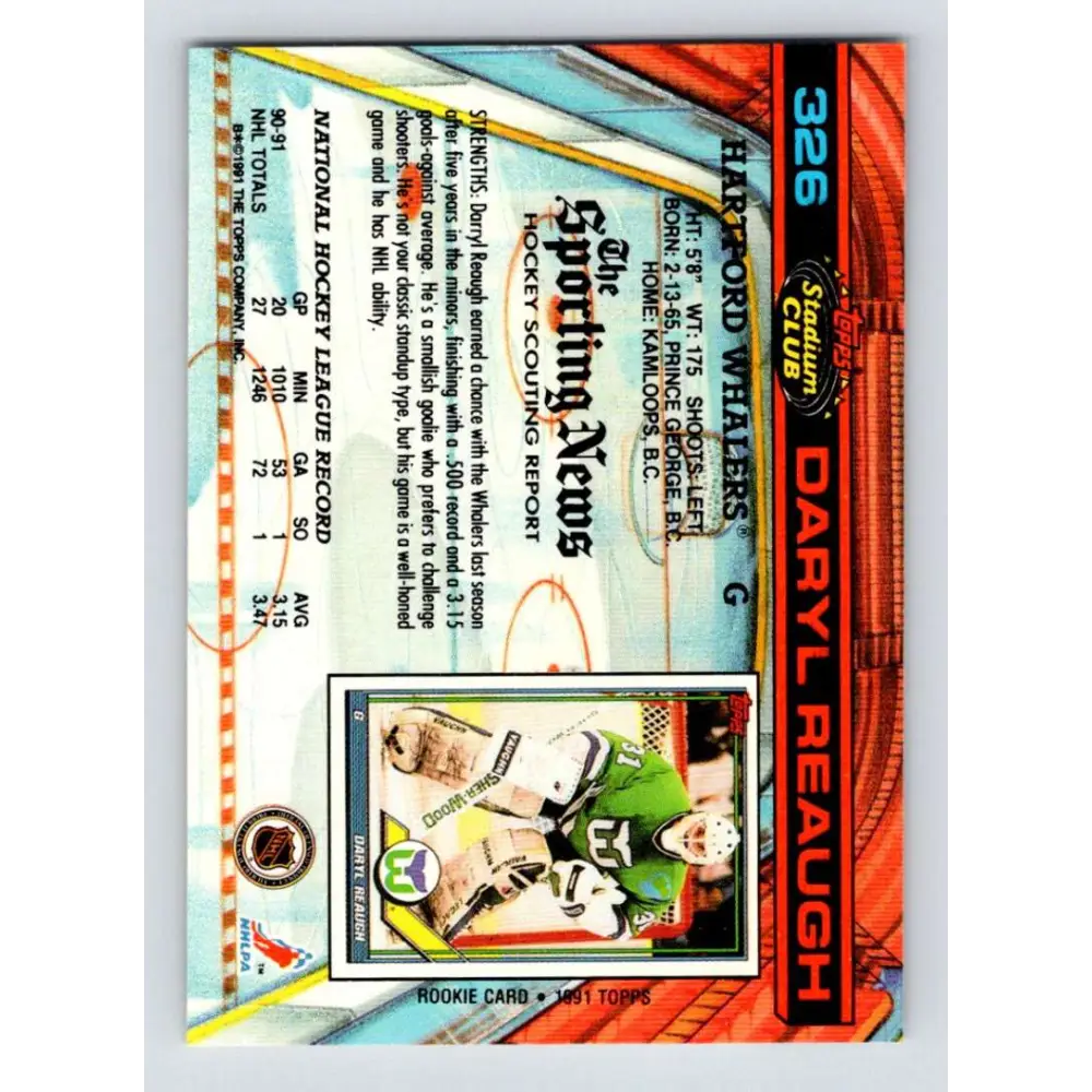 1991-92 Topps Stadium Club #326 Daryl Reaugh NM-MT Hartford Whalers Hockey Card Image 2