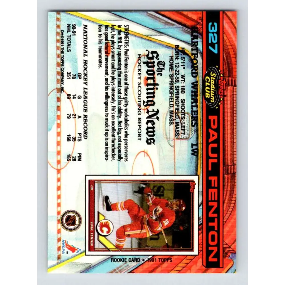 1991-92 Topps Stadium Club #327 Paul Fenton NM-MT Hartford Whalers Hockey Card Image 2