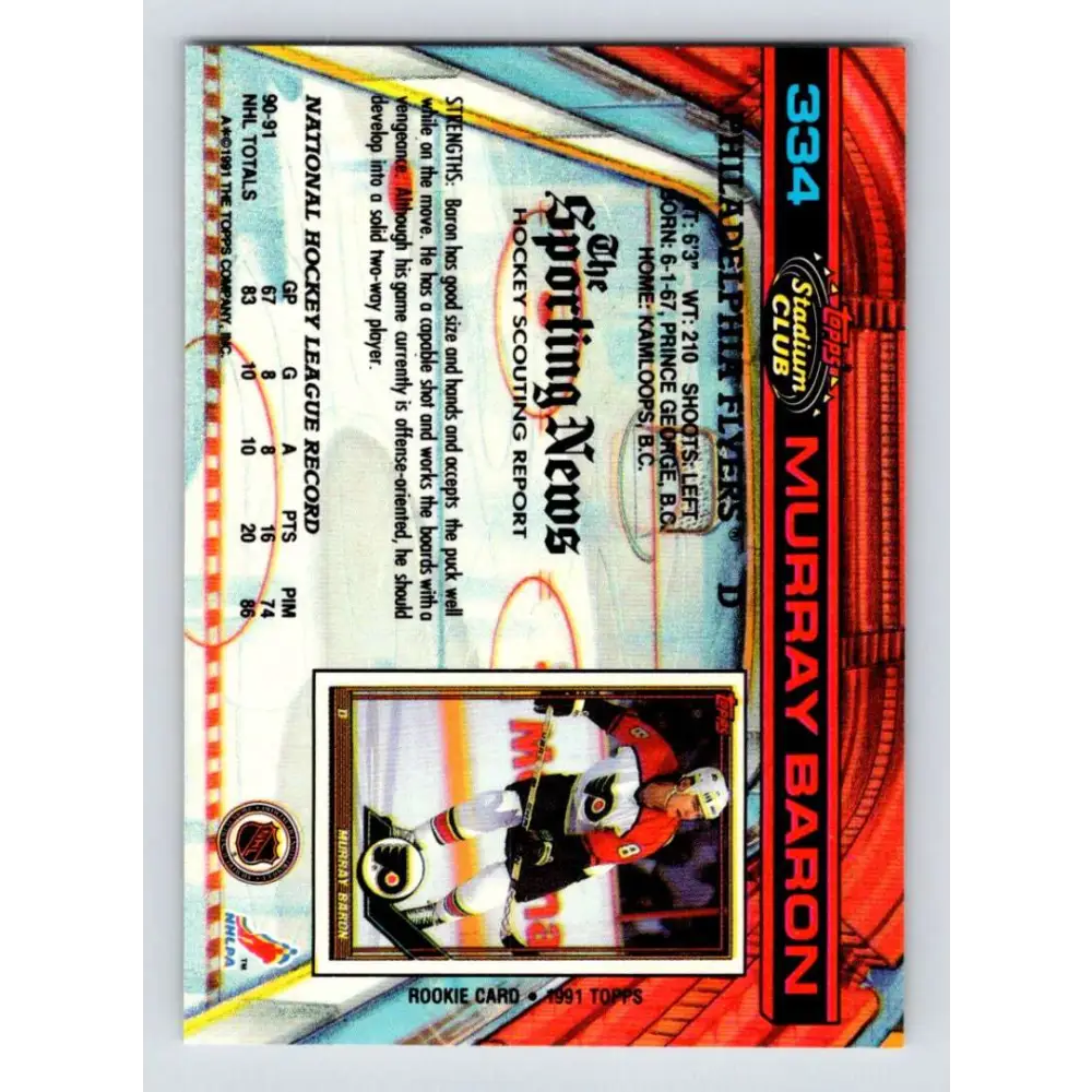 1991-92 Topps Stadium Club #334 Murray Baron NM-MT Philadelphia Flyers Hockey Card Image 2