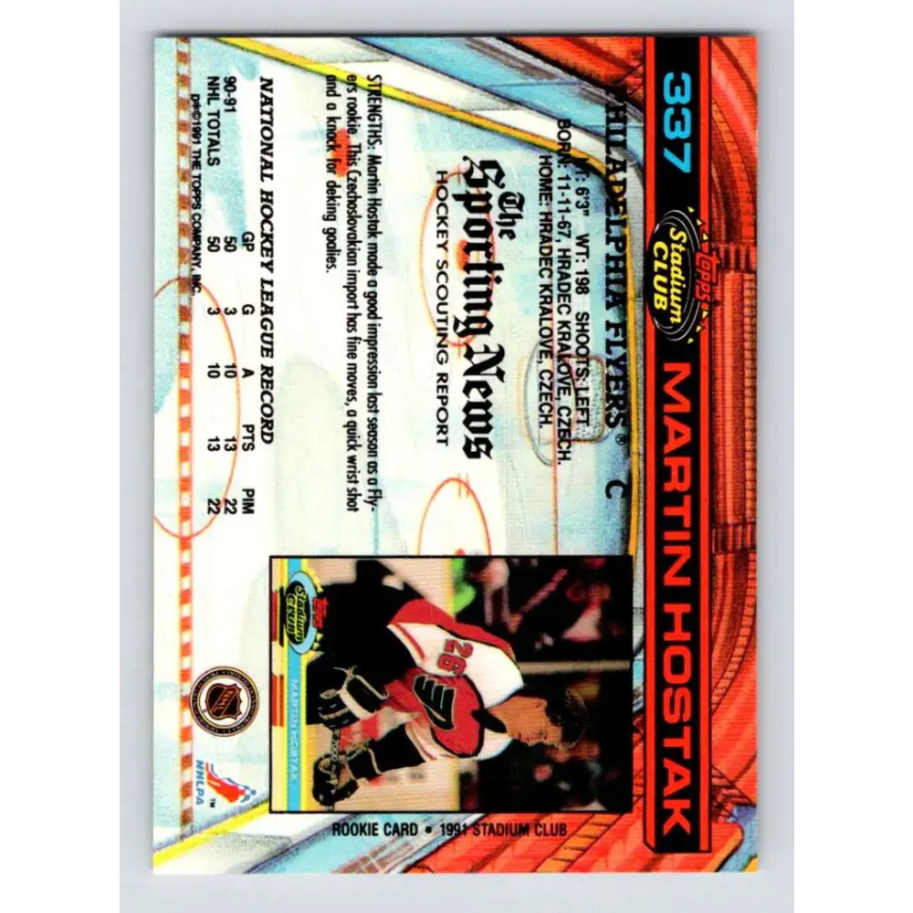 1991-92 Topps Stadium Club #337 Martin Hostak NM-MT Philadelphia Flyers Hockey Card Image 2