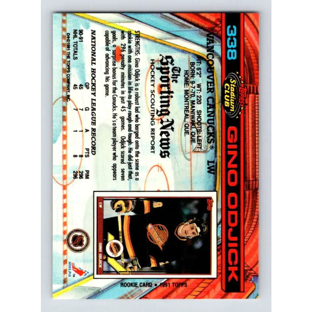 1991-92 Topps Stadium Club #338 Gino Odjick NM-MT Vancouver Canucks Hockey Card Image 2