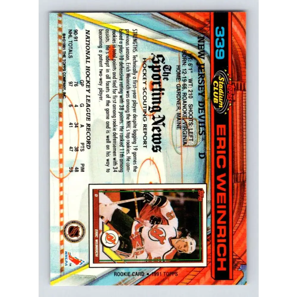 1991-92 Topps Stadium Club #339 Eric Weinrich NM-MT New Jersey Devils Hockey Card Image 2