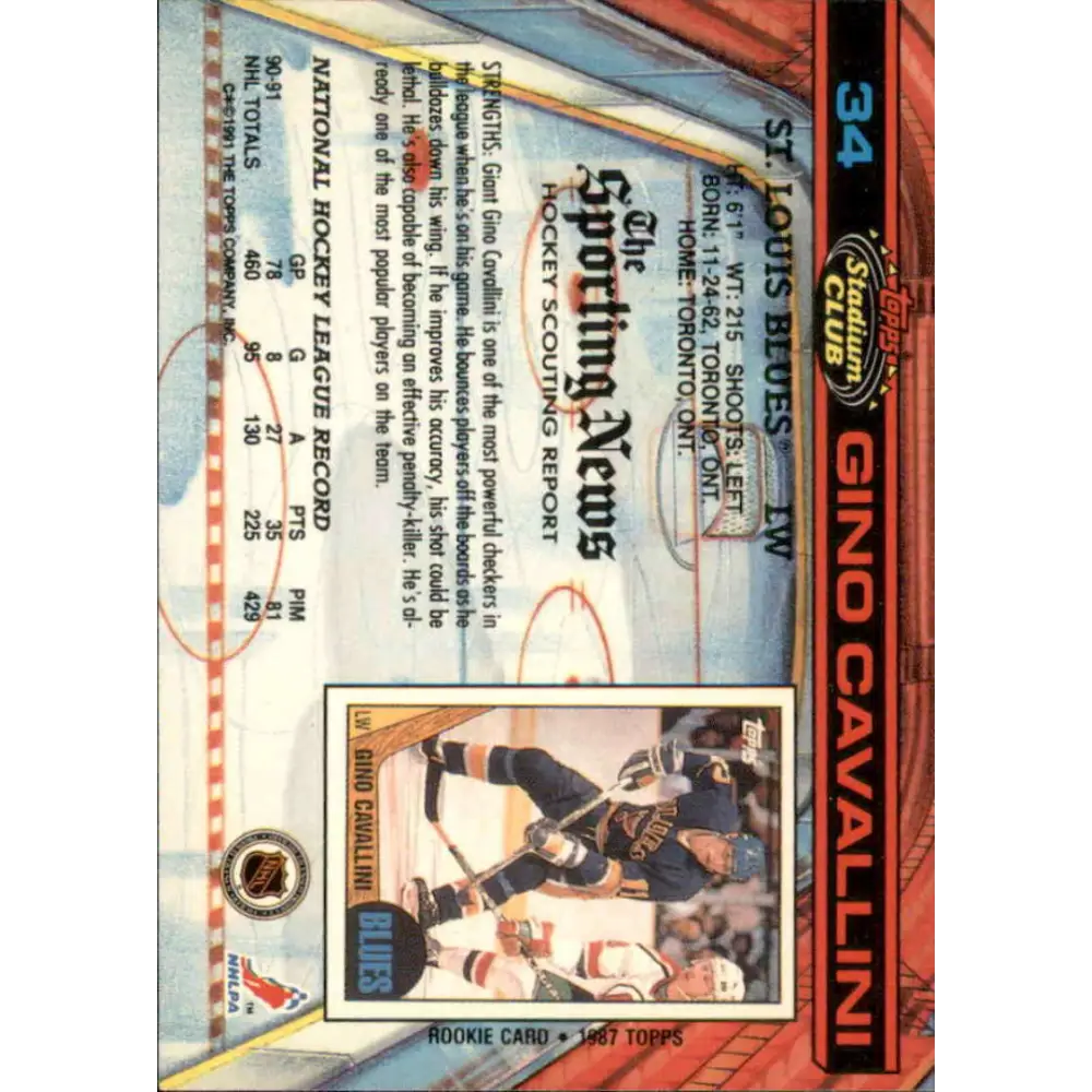 1991-92 Topps Stadium Club #34 Gino Cavallini NM-MT St. Louis Blues Hockey Card Image 2