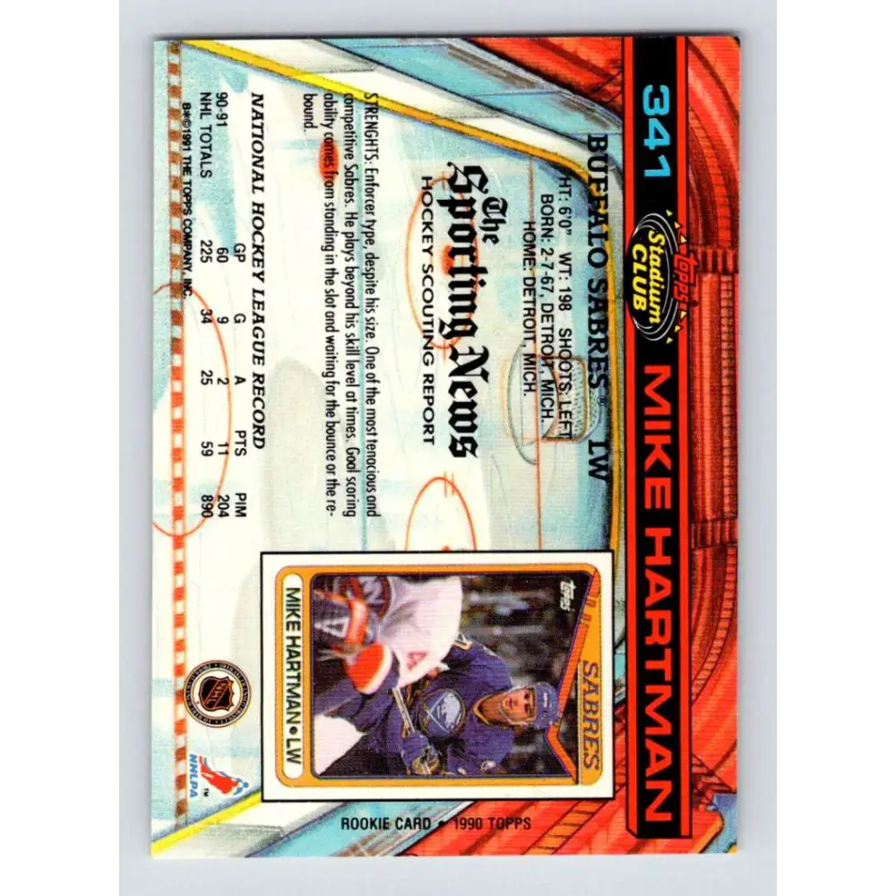 1991-92 Topps Stadium Club #341 Mike Hartman NM-MT Buffalo Sabres Hockey Card Image 2