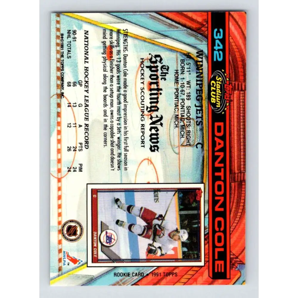 1991-92 Topps Stadium Club #342 Danton Cole NM-MT Winnipeg Jets Hockey Card Image 2