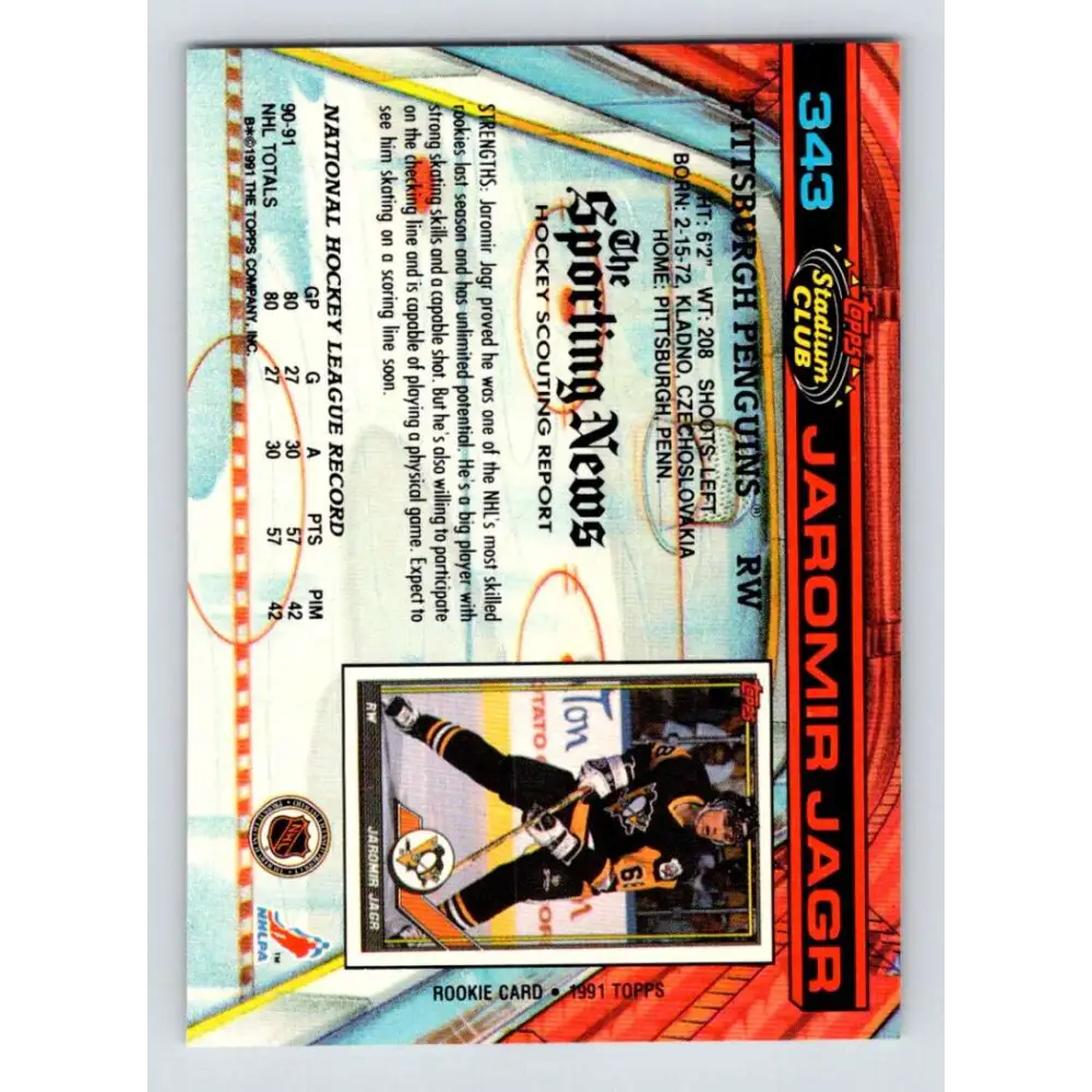 1991-92 Topps Stadium Club #343 Jaromir Jagr NM-MT Pittsburgh Penguins Hockey Card Image 2