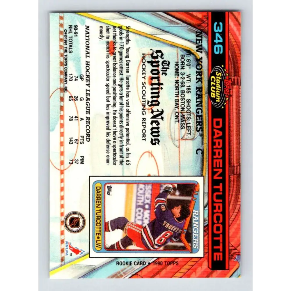 1991-92 Topps Stadium Club #346 Darren Turcotte NM-MT New York Rangers Hockey Card Image 2