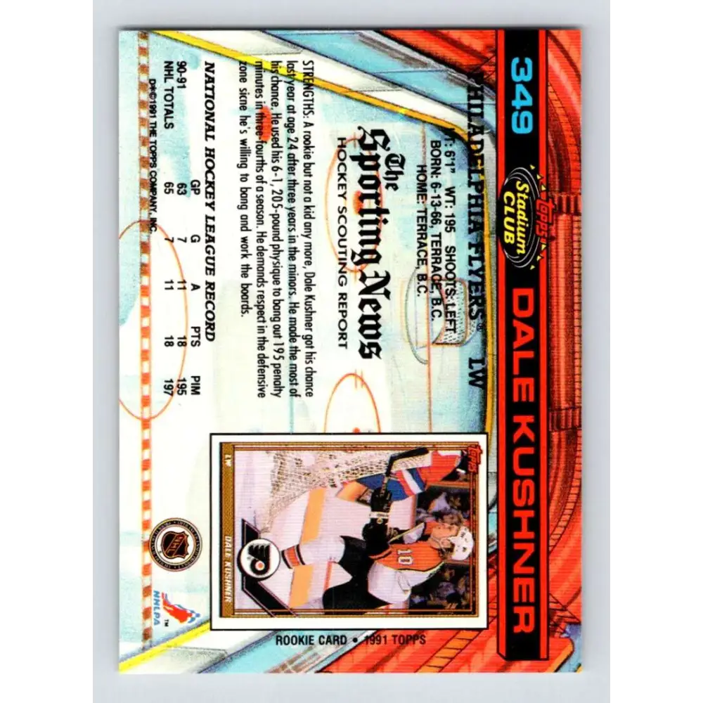 1991-92 Topps Stadium Club #349 Dale Kushner NM-MT Philadelphia Flyers Hockey Card Image 2
