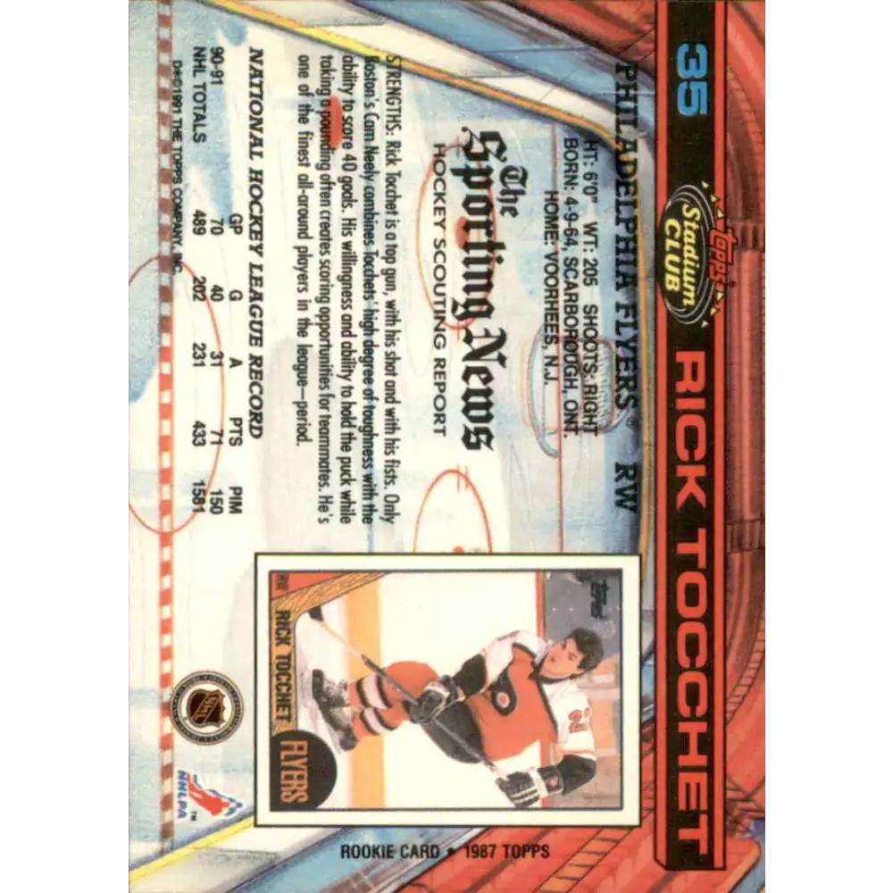 1991-92 Topps Stadium Club #35 Rick Tocchet NM-MT Philadelphia Flyers Hockey Card Image 2