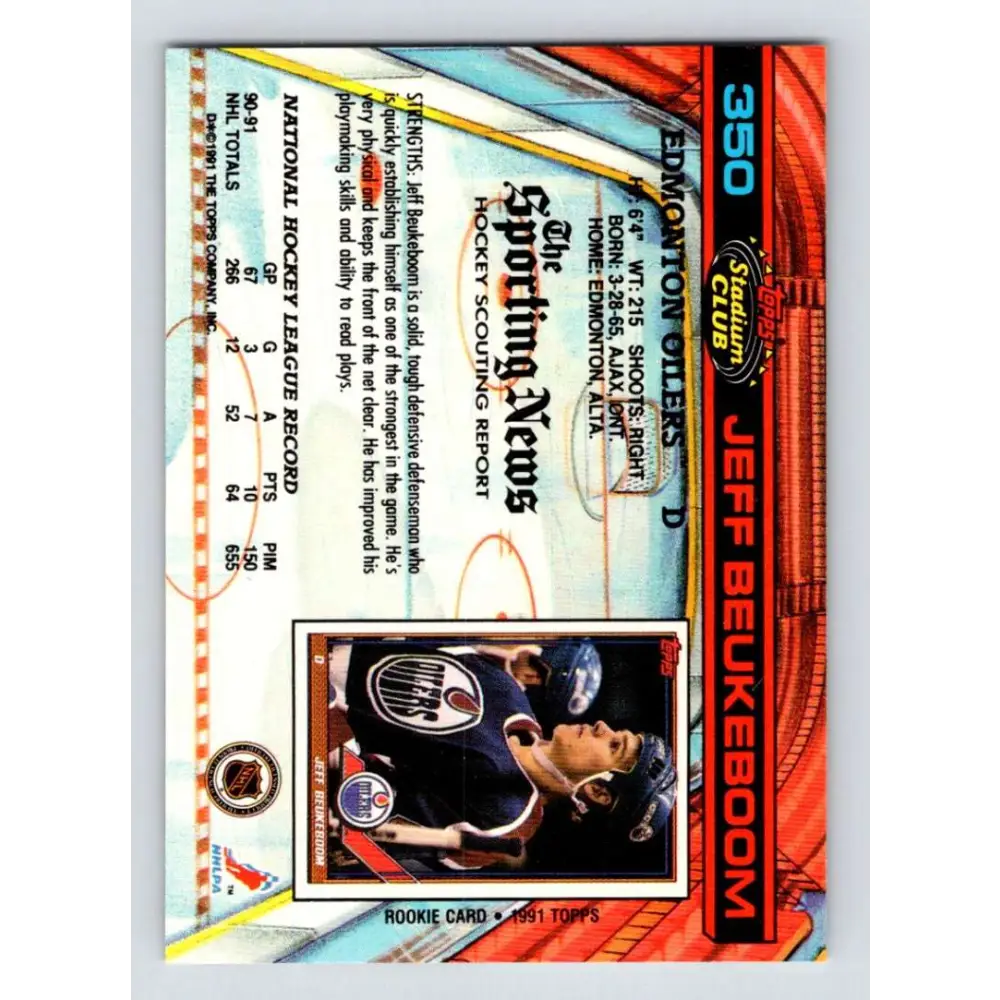 1991-92 Topps Stadium Club #350 Jeff Beukeboom NM-MT Edmonton Oilers Hockey Card Image 2