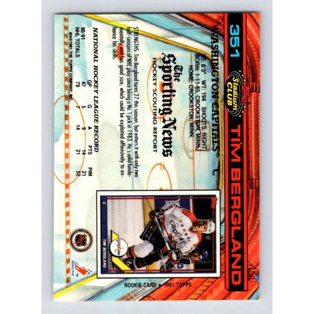 1991-92 Topps Stadium Club #351 Tim Bergland NM-MT Washington Capitals Hockey Card Image 2