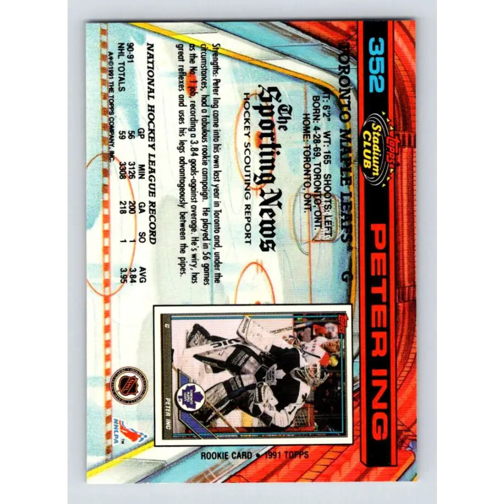 1991-92 Topps Stadium Club #352 Peter Ing NM-MT Toronto Maple Leafs Hockey Card Image 2