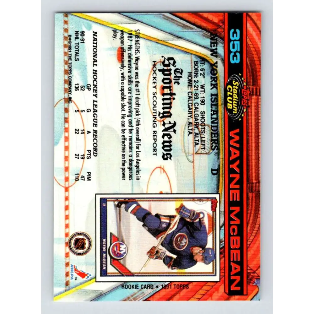 1991-92 Topps Stadium Club #353 Wayne McBean NM-MT New York Islanders Hockey Card Image 2