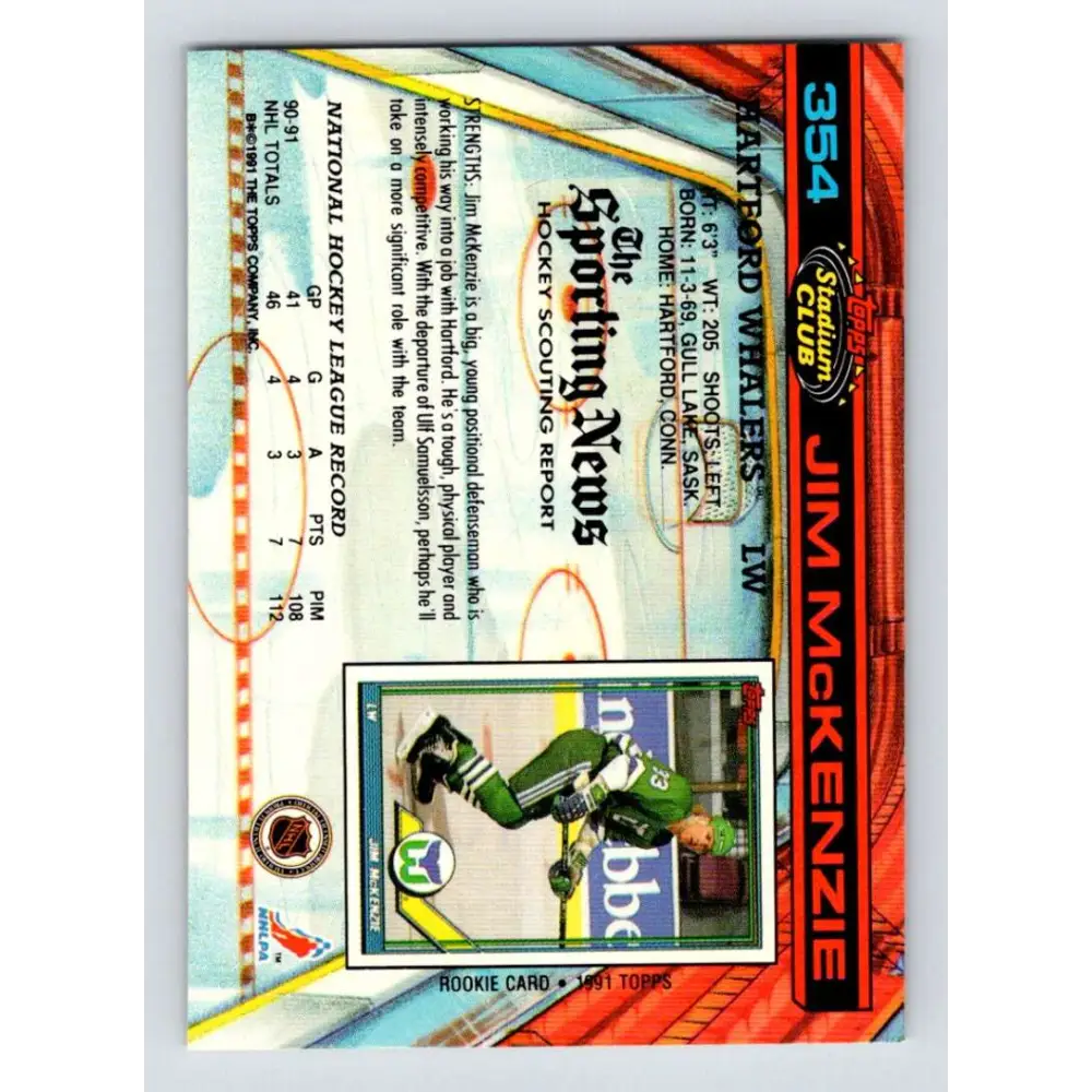 1991-92 Topps Stadium Club #354 Jim McKenzie NM-MT Hartford Whalers Hockey Card Image 2