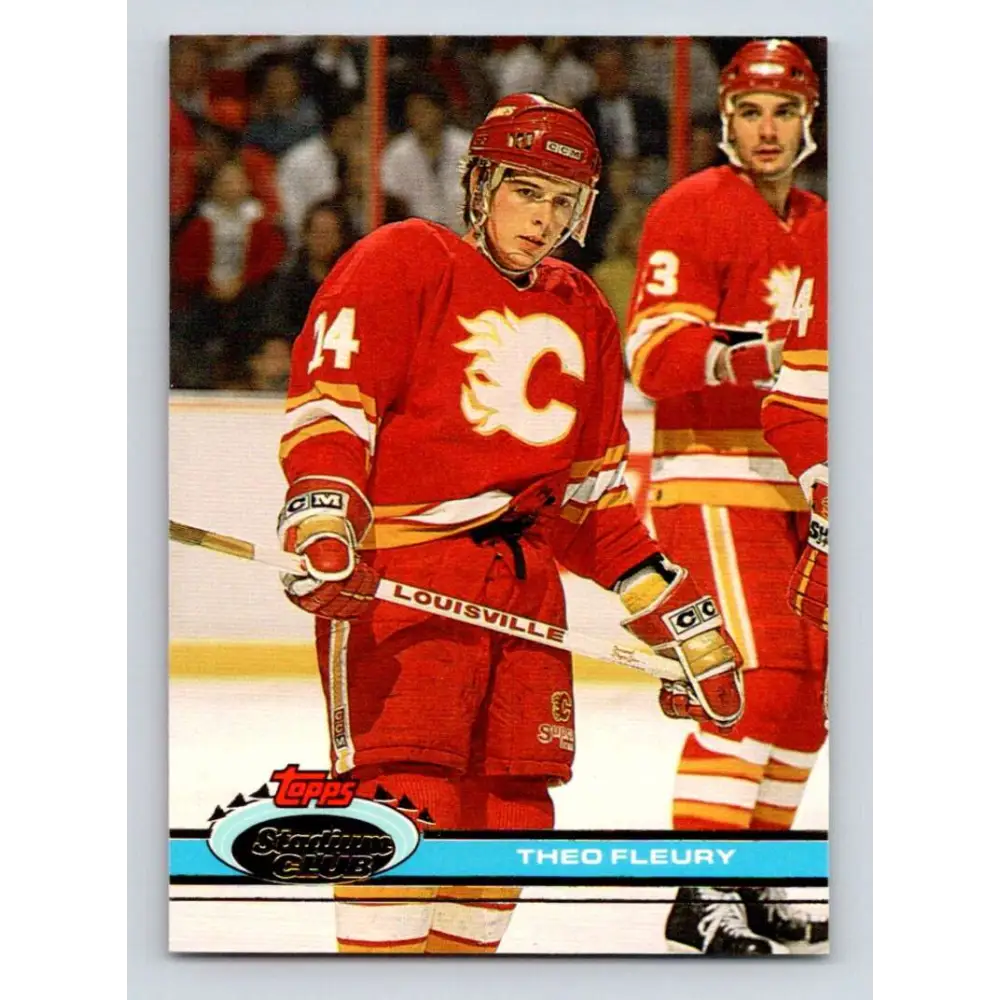 1991-92 Topps Stadium Club #355 Theo Fleury NM-MT Calgary Flames Hockey Card Image 1