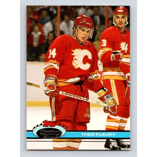 1991-92 Topps Stadium Club #355 Theo Fleury NM-MT Calgary Flames Hockey Card Image 1