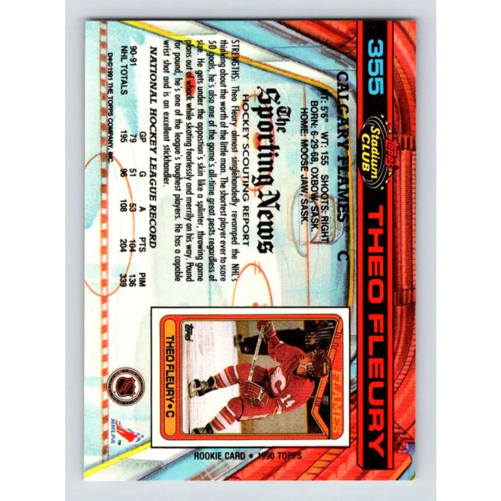 1991-92 Topps Stadium Club #355 Theo Fleury NM-MT Calgary Flames Hockey Card Image 2
