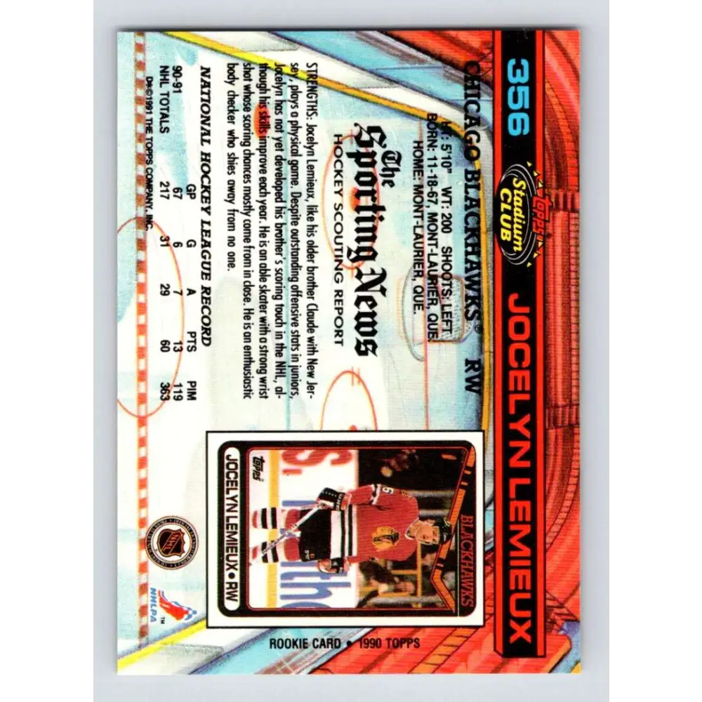 1991-92 Topps Stadium Club #356 Jocelyn Lemieux NM-MT Chicago Blackhawks Hockey Card Image 2