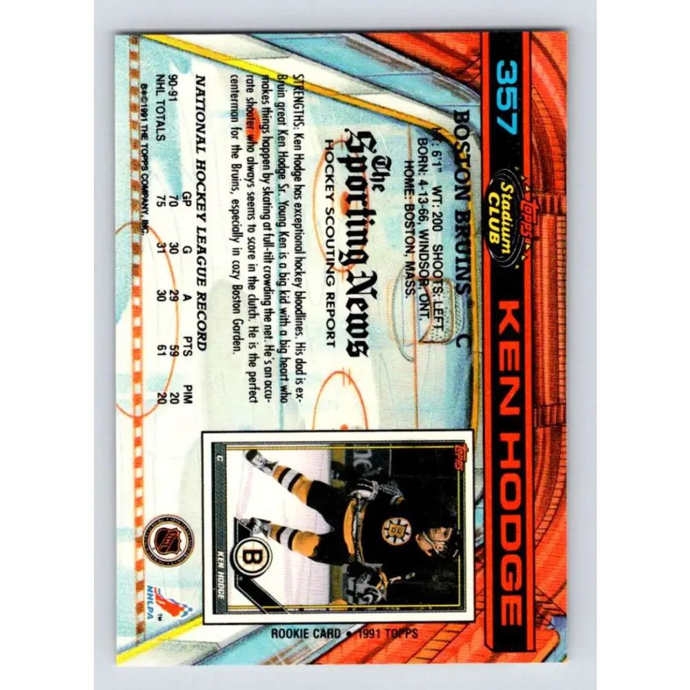 1991-92 Topps Stadium Club #357 Ken Hodge Jr. NM-MT Boston Bruins Hockey Card Image 2