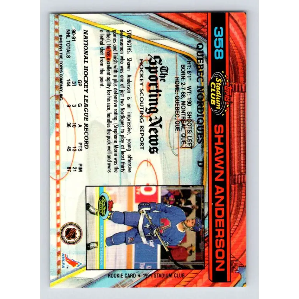 1991-92 Topps Stadium Club #358 Shawn Anderson NM-MT Quebec Nordiques Hockey Card Image 2